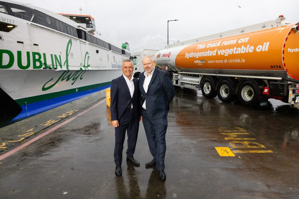 Andrew Sheen of Irish Ferries and Paul Balfe of Circle K as Irish Ferries announce the adoption of HVO for the Swift Ferry. (Photo: Naoise Culhane)