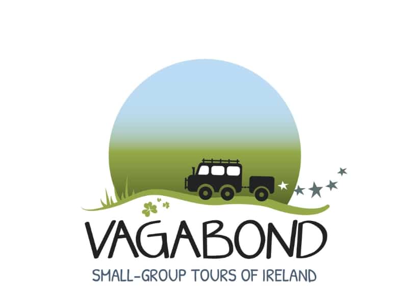 Vagabond Tours of Ireland logo. Small black van driving with a trailer with stars coming out the engine and a blue and green backdrop