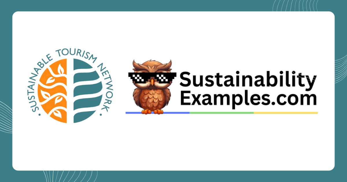 Teal border with white background and Sustainable Tourism Network logo and SustainabilityWxamples.com logo with owl wearing sunglasses
