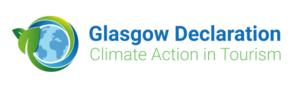 Image of globe, Glasgow Declaration in blue writing. Climate Action in Tourism in green writing